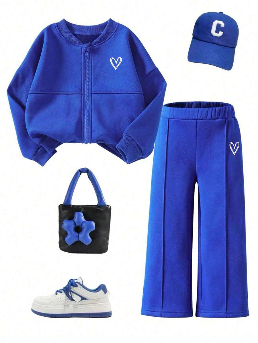 Young Girl Heart Pattern Print Baseball Collar Zip-Up Jacket And Pants Casual Set - Blue - View 1