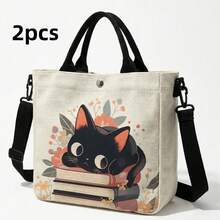 2pcs Cat Print Canvas Tote Bag, Snap Closure, Detachable Crossbody Shoulder Strap, Large Capacity Multi-Purpose Shoulder Bag, Suitable For Daily, Travel And School Use - Multicolor - View 2