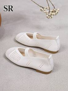 1 Pair Girls' White Hollow Knit Mary Jane Shoes, Comfortable Breathable Mesh Flat Casual Shoes For Daily And School Wear - White - View 4