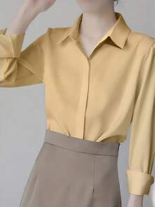 Plus Size Button-Up Long Sleeve Elegant Commuter Professional Blouse - Champagne - View 3