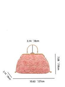 Dedoo 3D Rose Oval Hard Frame Clutch, Rhinestone Kiss Lock, Detachable Chain, Sweet Romantic Women's Handbag, Suitable For Bride Formal Occasions (Random Pattern) - Pink - View 9