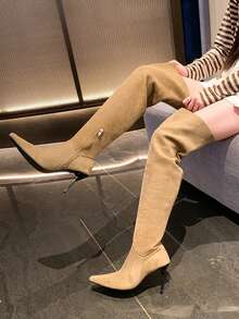 2026 New Khaki Pointed Toe Ruched Stacked Knee-High Boots, Thin High Heel Side Zipper Loose Ruched Slim Long Boots For Women, Autumn/Winter - Khaki - View 10