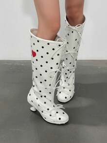 Polka Dot Red Heart Multi-Bow Stacked Knee-High Boots, Plus Size Women's Fashion Mini Kitten Heel Boots - White - View 4