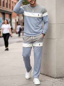 Men's Autumn/Winter Casual Comfortable Colorblock Striped Print Crew Neck Long Sleeve T-Shirt & Pants Set - Multicolor - View 3