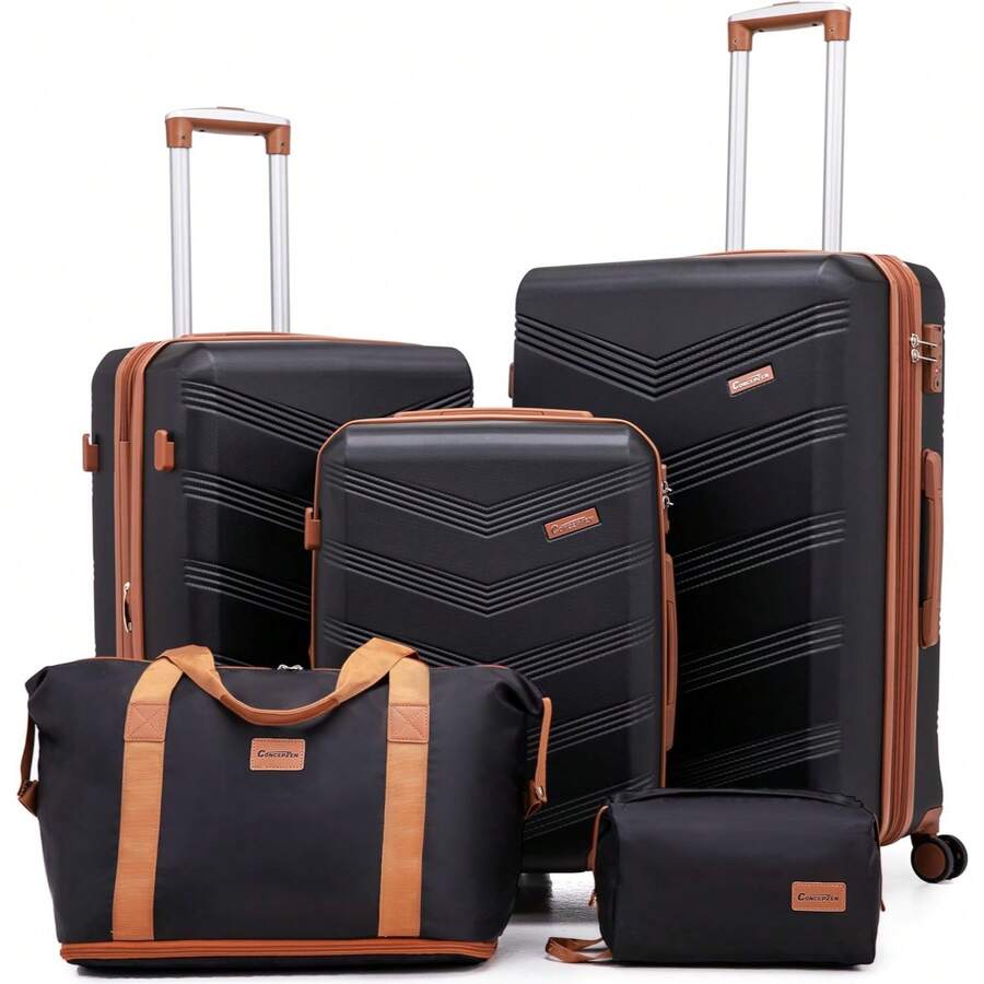 Expandable Hardshell Luggage Set 5 Piece, 22x14x9 Airline Approved Carry On, 20/24/28' Suitcase Set With TSA Lock, Spinner Wheel - Black - View 1