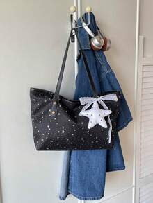 1件星形吊飾裝飾星形圖案聚酯纖維大容量拉鍊時尚單肩包，適合女性日常使用 - 黑色 - 查看 11