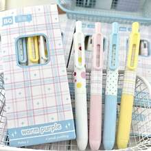 Bai Qi Xiao Pang Ding Clickable Gel Pen, Round Design, 4 Plaid And Polka Dot Color-Block Styles, 0.5mm ST Nib, Smooth Ink Flow, Fresh Macaron Color Palette, Suitable For Students' Daily Study And Journaling - Multiple Styles - View 2