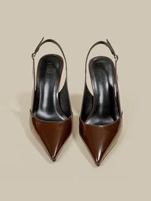 ManLuZi 女款咖啡棕尖頭漆皮細高跟單鞋，優雅正式時尚包頭扣飾派對晚宴鞋，附後跟帶 - 咖啡棕 - 查看 4