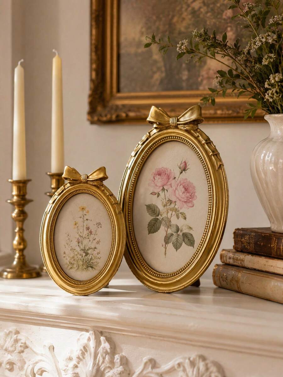 Vintage Gold Bow Oval Photo Frame, French Resin Picture Frame, Suitable For Wedding Photos, Portraits, Vanity, Bedroom, Living Room And Home Decor Gift - Multiple Models - View 1