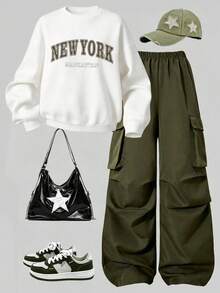 Tween Girl Letter Print Crew Neck Sweatshirt And Pants Casual Set - Army Green - View 1
