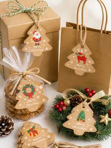 Vintage Christmas Tree Shaped Slogan Pattern Gift Tags With Rope, Santa Claus & Snowman Pattern Paper Gift Decoration Labels, Suitable For Christmas Party Gifts, Christmas - Multicolor - View 9