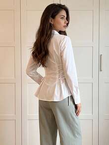 Women's Ruffle Trim Side Tie Long Sleeve Button Shirt, Casual Autumn Daily Commute Outing Date Outfit - White - View 7