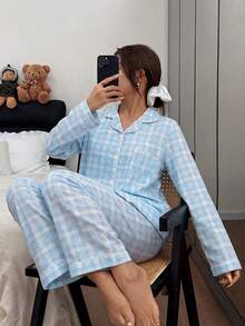 Dreamivo 2pcs Women's Light Blue & White Plaid, Notch Collar Long Sleeve Button Front Top With Pockets, Wide Leg Pants - Multicolor - View 2