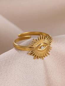 5PCS/1PC Vintage Gold Sun Evil Eye Star Rhinestone Open Ring Set, Stainless Steel Adjustable Finger Rings, European & American Bohemian Style Women's Stackable Jewelry Holiday Gift - Gold - View 10