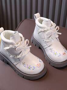 1 Pair Girls' Boots 2026 New Style Embroidered Bow Princess Boots British Style Hook And Loop Closure Leather Boots - Beige - View 3