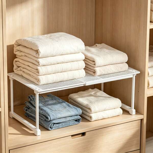 No Drill Expandable Wardrobe Storage Shelf, Adjustable Closet Cabinet Divider, Metal Mesh Organizer To Maximize Your Wardrobe Space