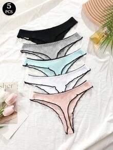 5 قطع/عبوة سراويل داخلية نسائية مضلعة منخفضة الخصر مزينة بفيونكة حلوة، سراويل G-String مريحة، سراويل T-Back ناعمة بتصميم بسيط V-String، موسم العودة إلى المدرسة - متعدد الألوان - مشاهدة 6