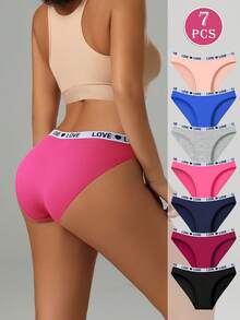 7pcs/Pack Contrast Color Pure Cotton LOVE Webbing Women's Panties, Sporty Casual Triangle Briefs, Soft & Comfortable Bodycon Women's Underwear - Multicolor - View 2