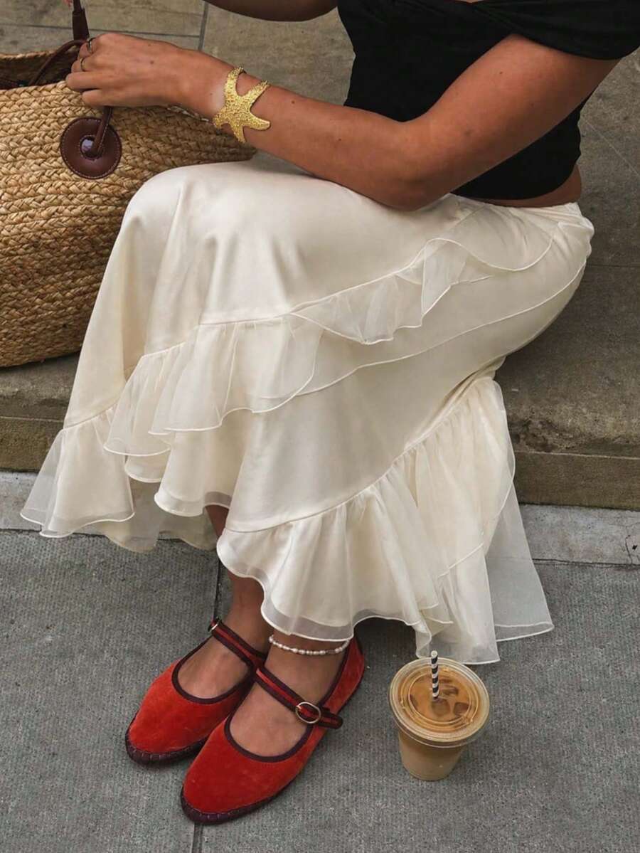 Elegant Skirt With Layered Ruffle Trim, Long Layered Design, Casual Versatile Autumn Women's Long Skirt - Champagne - View 1