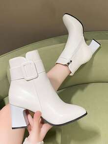 Women's Fashion Pointed Toe Ankle Boots With Buckle Design, Ankle-High Slimming Vintage High Heel Boots For Autumn/Winter - White - View 2