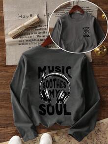 Tween Girl Graphic Print Round Neck Long Sleeve T-Shirt, Autumn/Winter Top - Dark Grey - View 5