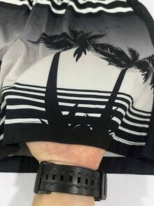 Gradient Coconut Tree Men's Beach Shorts, Breathable Side Pocket Swim Trunks - Black - View 10