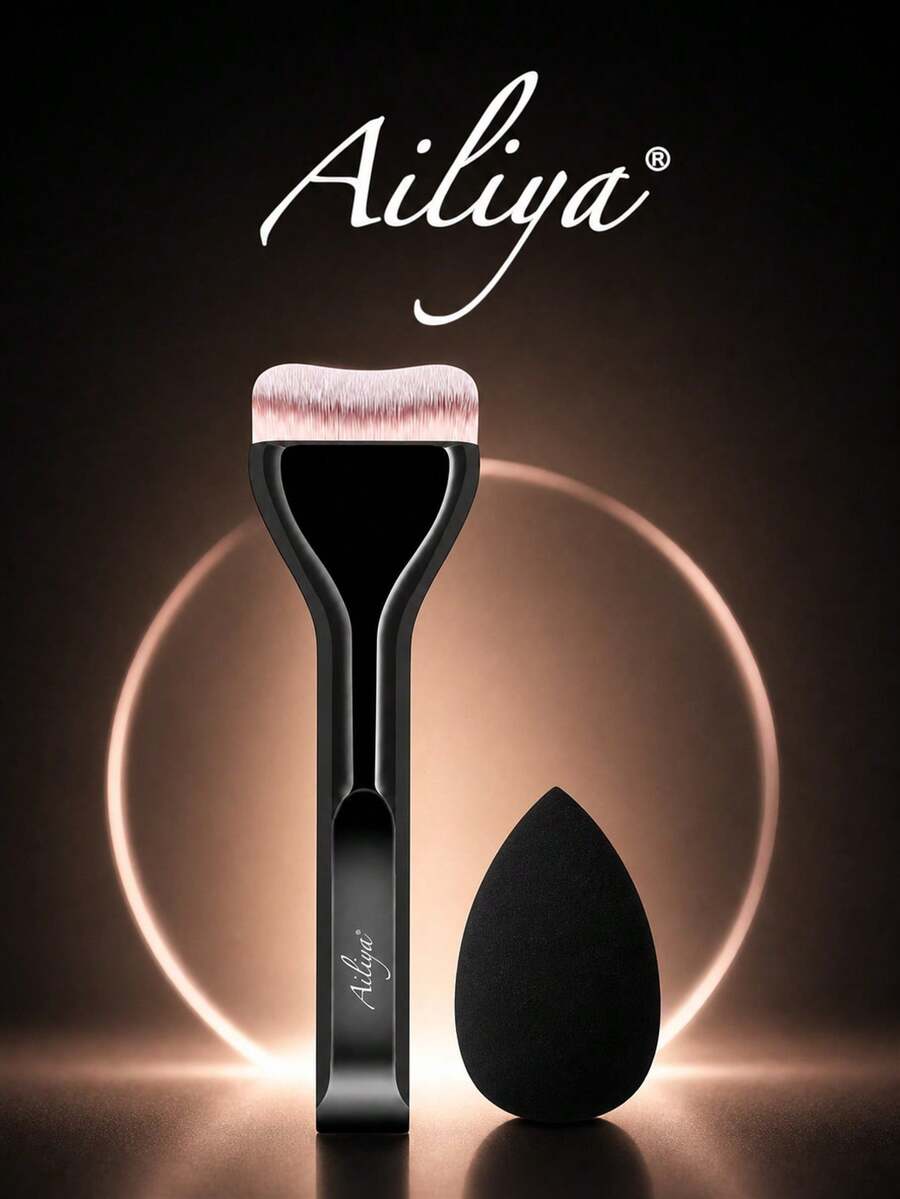 Ailiya 弧形化妝刷與水滴形美妝蛋,底妝暈染、修容及日常彩妝上妝工具,寬波浪刷頭搭配尖頭海綿,梳妝台與旅行美妝配件 - 黑色 - 查看 1