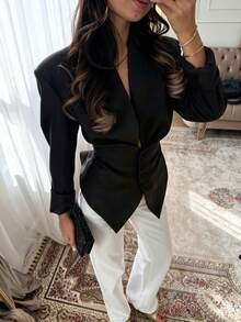 Autumn/Winter Solid Color Ruffle Collar Long Sleeve Slim Fit Waist Blazer, Elegant French Style Black Jacket For Commuting - Black - View 3