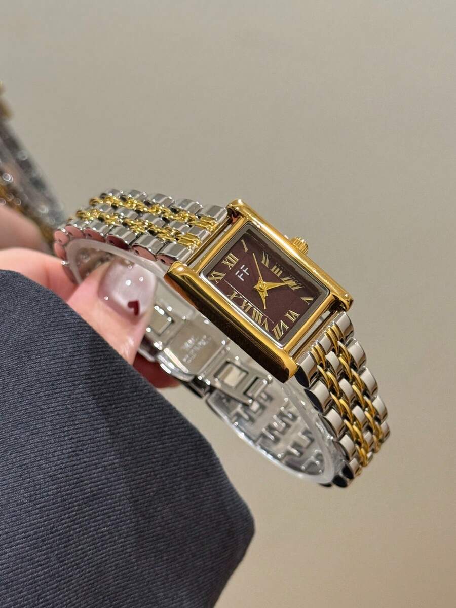 1pc Rectangular Dial Women's Quartz Watch, Roman Numeral Design, Suitable For Daily Wear, Ideal Gift Choice - Silver and Gold - View 1