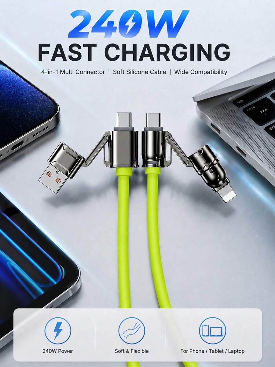 4-In-1 Multi-Function Charging Cable, USB-A/USB-C Input To USB-C/Lightning Output, Up To 240W USB-C To USB-C Fast Charging, Soft Silicone Charging Cable With Metal Connectors, Suitable For Phones, Tablets And Laptops - Green - View 1