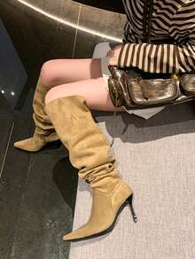 2026 New Khaki Pointed Toe Ruched Stacked Knee-High Boots, Thin High Heel Side Zipper Loose Ruched Slim Long Boots For Women, Autumn/Winter - Khaki - View 8
