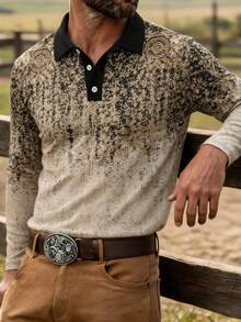Men's Autumn Casual Vintage Gradient Color Button Long Sleeve Polo Shirt - Multicolor - View 2