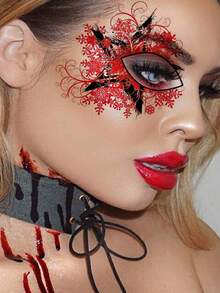 Tattoo Stickers, 2 Sheets/Set, Halloween Red & Black Floral Star Pattern Face Temporary Tattoos, Body Art Design, Gothic Style Halloween Cosplay Decorative Stickers, Easy To Apply And Remove - Brown - View 7