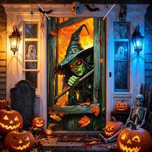 1 pieza Pancarta de puerta de Halloween oscura, calabaza multicolor, esqueleto, bruja, calavera, pared agrietada de terror, tela para cubrir la puerta, decoración espeluznante para el porche delantero y la puerta principal del hogar, decoración para fiesta de Halloween, casa embrujada, entrada del jardín, fondo de cabina de fotos, Navidad, Halloween - Fondo de Halloween - Ver 3