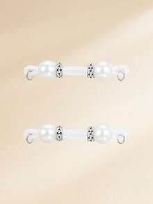 1 Pair Women's Faux Piercing Hoop Earrings, Pearl Dangle Heart-Shaped Chain Body Jewelry - Silver - View 4