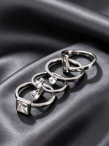 4pcs Fashion Stainless Steel Silver Rings, Luxury Geometric Square & Round Rhinestone Inlaid Stackable Rings, Minimalist Elegant Layered Finger Rings, Valentine's Day Gift Accessory, Unisex - Silver - View 2
