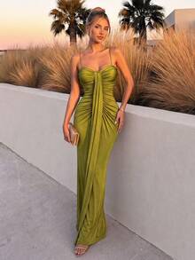 Women's Olive Green Maxi Dress Sleeveless Spaghetti Strap Sweetheart Neck Ruched Bodycon Evening Party Gown - Green - View 5