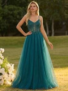 Women's Elegant Mesh Patchwork Cinched Waist Evening Party Dress - Dark Green - View 1