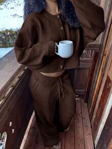 FOR BEAUTY Fall Winter Women Sweater Sets Elegant Vacation Y2K Coffee Knit 2 Pieces Set Cropped Cardigan Tops Drawstring Wide Leg Pants Daily Outfits - Brown - View 2