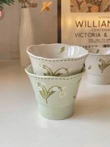 3pcs 130ml Vintage Lily Of The Valley Ceramic Tea Cups, Hand-Painted Hand-Held Ruffled Small Tea Cups, Casual Cups, Afternoon Tea Cups, Suitable For Hosting Guests, Small Capacity Coffee Cups, Home Cups, Restaurant Hand-Held Cups - Lily Of the Valley - View 2