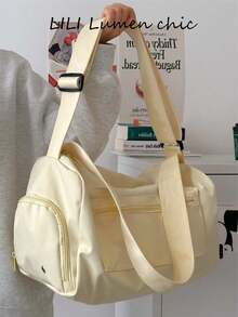 New Fashion Classic Solid Color, Large Capacity Multi-Pocket, With Earphone, Lightweight And Portable Design, Shoulder Bag Suitable For Outdoor Travel And Short Trips, Bag Length 14.96in Width 8.66in Height 8.66in - Yellow - View 2