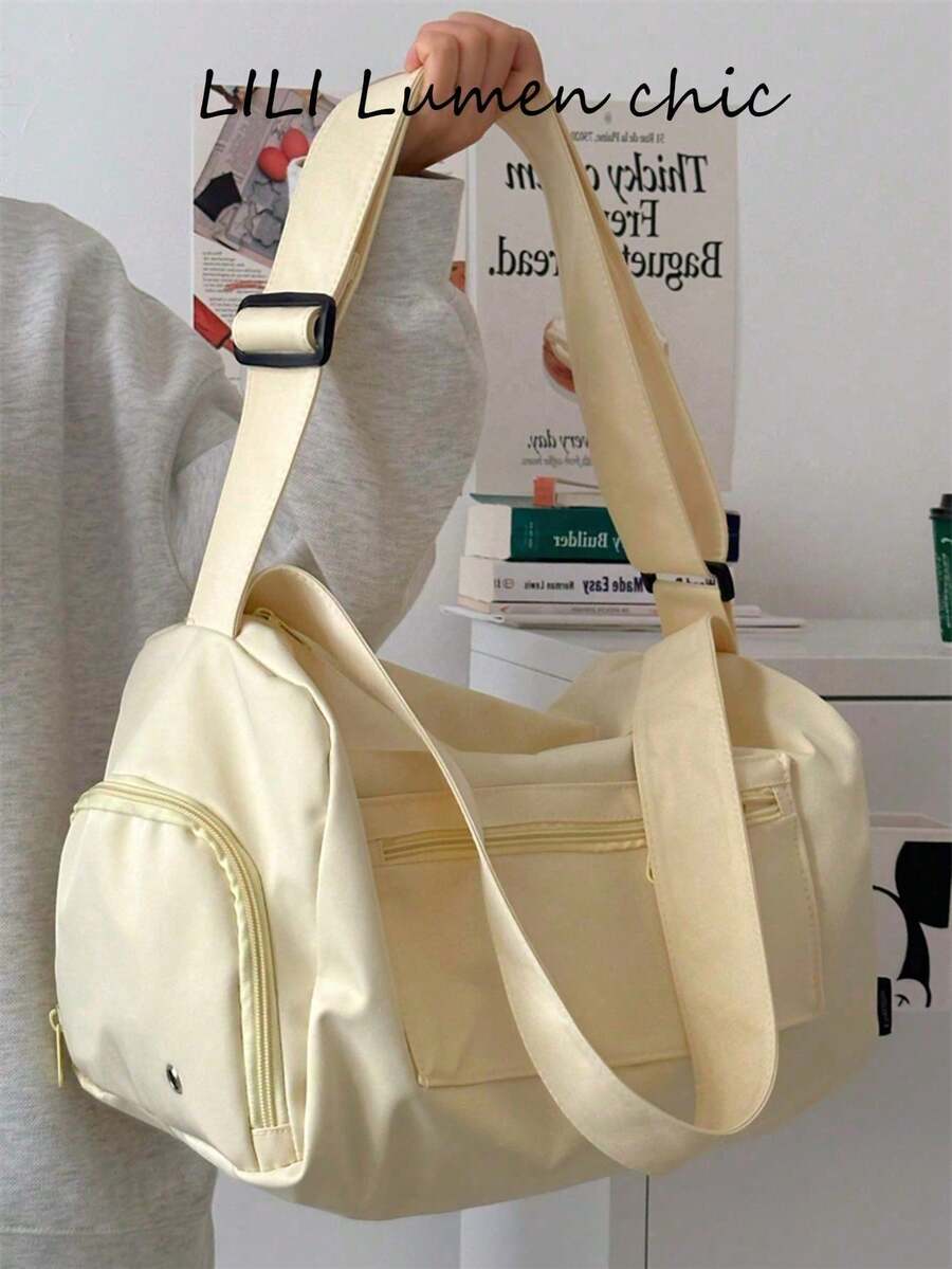 New Fashion Classic Solid Color, Large Capacity Multi-Pocket, With Earphone, Lightweight And Portable Design, Shoulder Bag Suitable For Outdoor Travel And Short Trips, Bag Length 14.96in Width 8.66in Height 8.66in