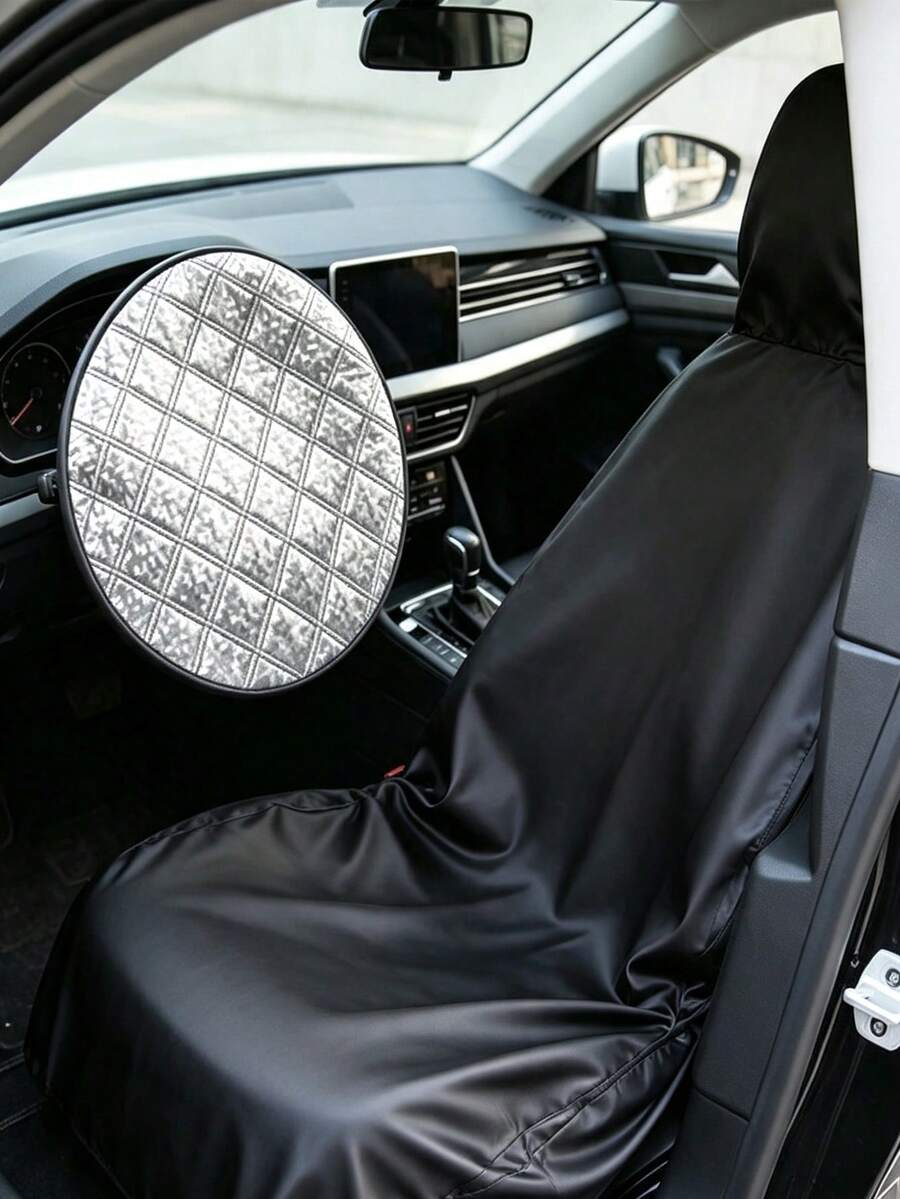 Steering Wheel Cover Sun Shade For Car, With Waterproof Car Seat Cover Protector, Foam Car Steering Wheel Sunshade, Foldable UV Protection Steering Wheel Cover, Car Seat Cover, Black Car Seat Cover, Front Seat Protector, Effectively Blocks Sunlight, Protects Steering Wheel, Suitable For Sedan And SUV, Easy To Carry, Ideal For Daily Commute, Travel And Camping