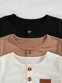 3pcs/Set Boys' Casual Fashion Solid Color Round Neck Button Long Sleeve Knit Tops For Daily Wear And Outings, Spring/Autumn - Multicolor - View 4