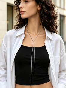 1pc Minimalist Silver Y-Shape Adjustable Long Pendant Necklace, Jewelry Accessory For Women Party And Daily Wear - Silver - View 1