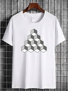 T-shirt style Escher avec cube 3D et illusion d'optique - Motif de blocs qui défie la perspective, vêtement de rue décontracté et respirant, unisexe, confortable pour toutes les saisons, haut à m - Blanc - Voir 1