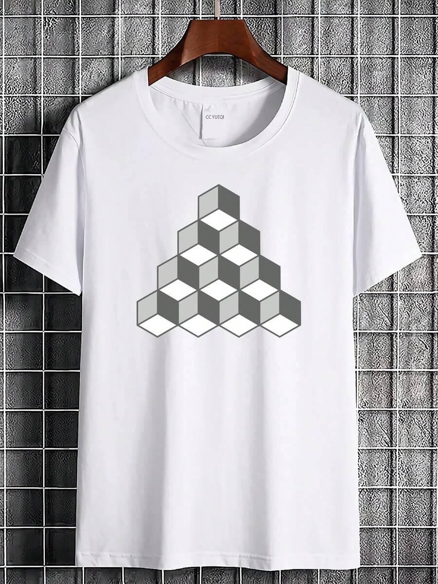 T-shirt style Escher avec cube 3D et illusion d'optique - Motif de blocs qui défie la perspective, vêtement de rue décontracté et respirant, unisexe, confortable pour toutes les saisons, haut à m - Blanc - Voir 1