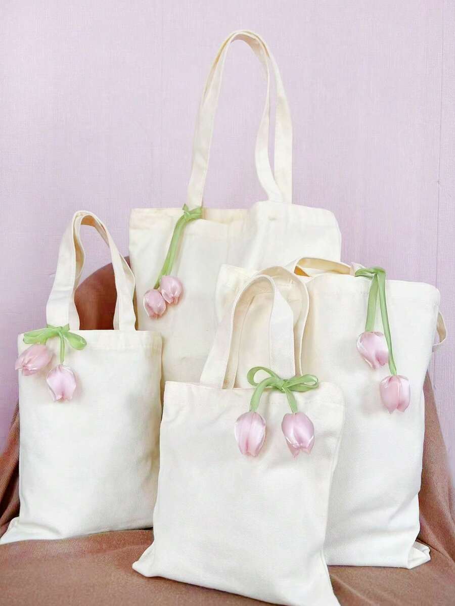 1/5/10 Pcs Set Of Reusable Canvas Tote Bags With Removable 3D Floral Decor, 4 Sizes Available, Gift Bags For Weddings, Bridal Showers, Baby Christenings, Holidays, Birthdays, Parties, Spring Events, SPA Parties, Candy Distribution, Guest Gifts, Employee Appreciation, Daily Shopping And Travel, Practical Gifts For Sisters, Friends, Mothers, Teachers, Classmates