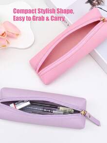 1pc Korean Style Lychee Texture PU Leather Zipper Pencil Case, Macaron Multicolor Large Capacity Minimalist Long Pencil Pouch, Student Desk Stationery Storage Bag, Pencil Holder - Multicolor - View 4