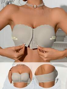 1pc Grey Front-Closure Scoop Neck Wireless Bra, Upgraded Wide Silicone Non-Slip Trim, Soft Comfortable Lining, Seamless Ladies Underwear - Grey - View 1